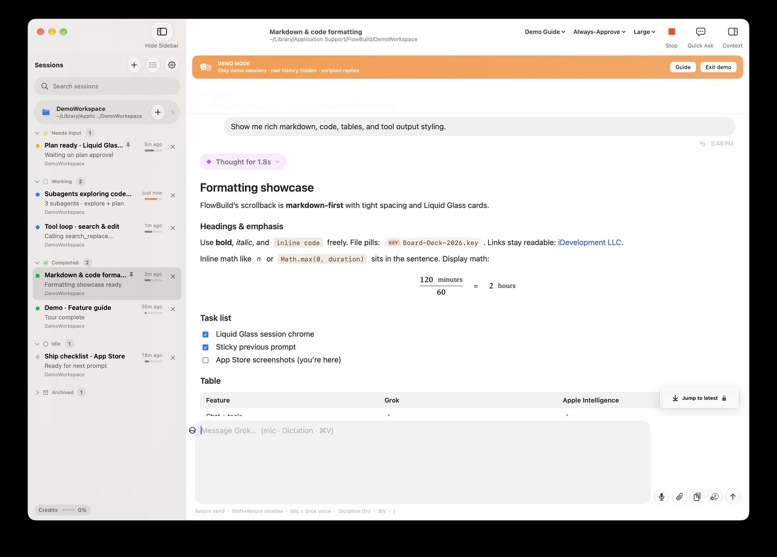 FlowBuild markdown and code formatting showcase