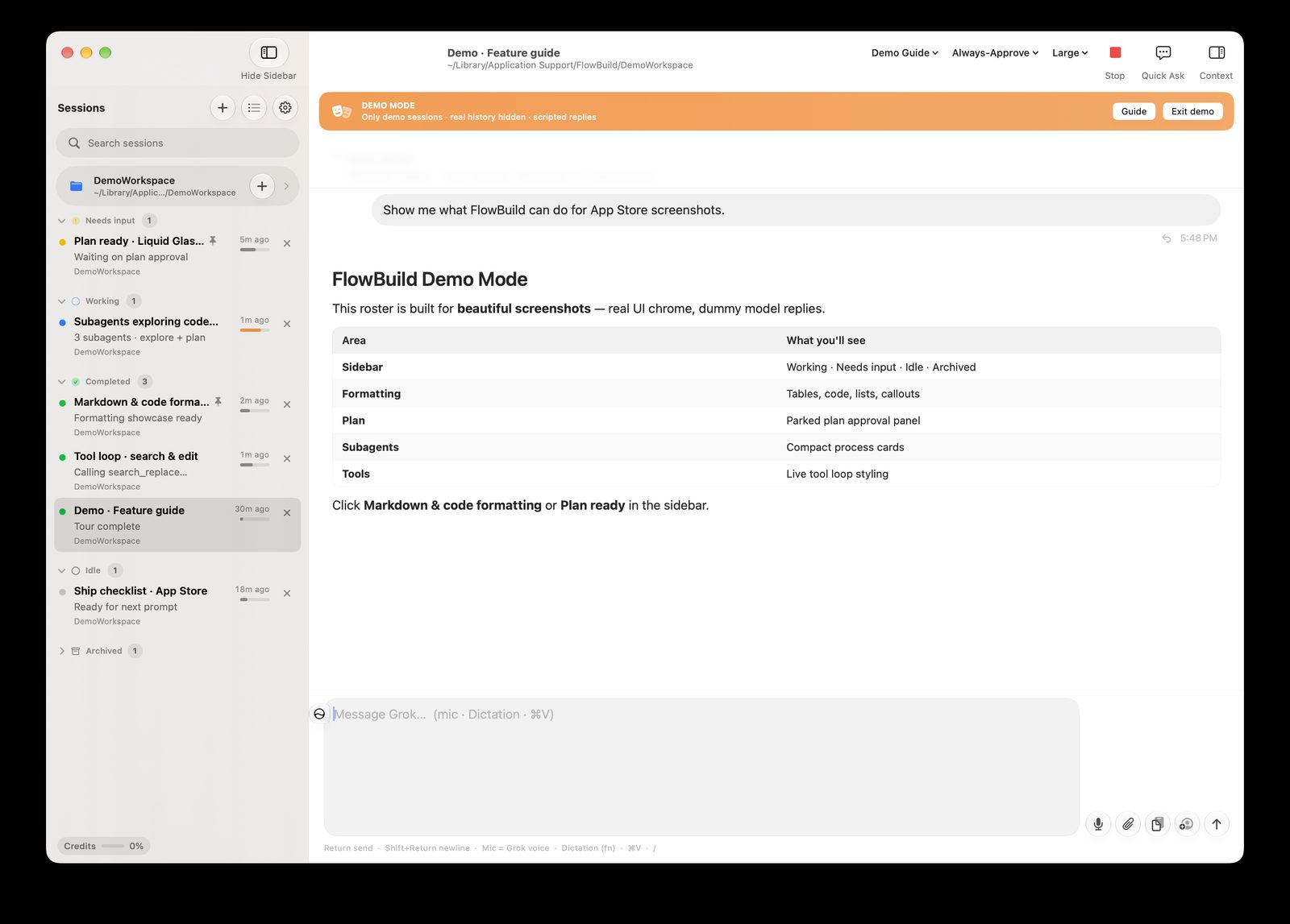 FlowBuild demo feature guide