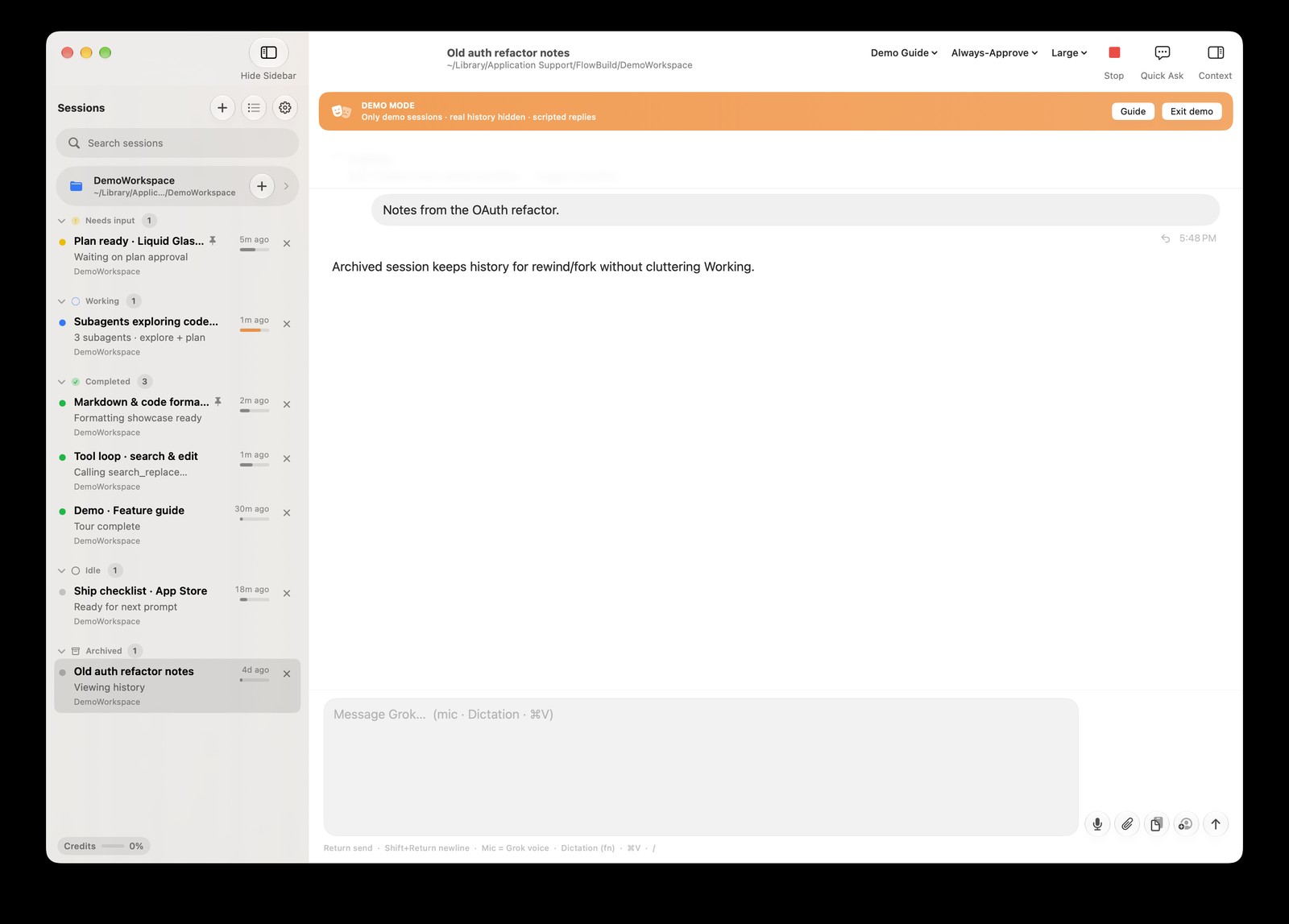 FlowBuild archived session with OAuth refactor notes