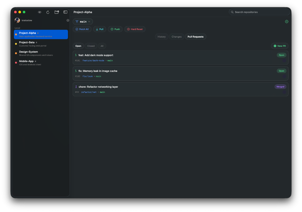 ModernGit — Pull Requests view