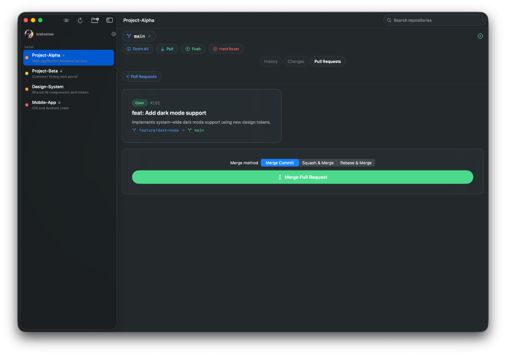 ModernGit — Pull Request detail with merge options