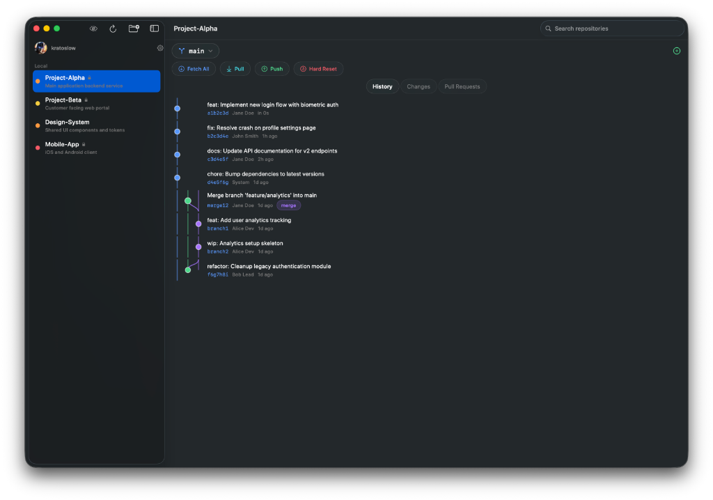 ModernGit — Commit history with branch graph